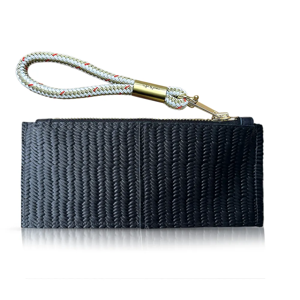 Leather Clutch   Rope Wristlet in Black Basketweave Leather