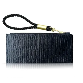 Leather Clutch   Rope Wristlet in Black Basketweave Leather