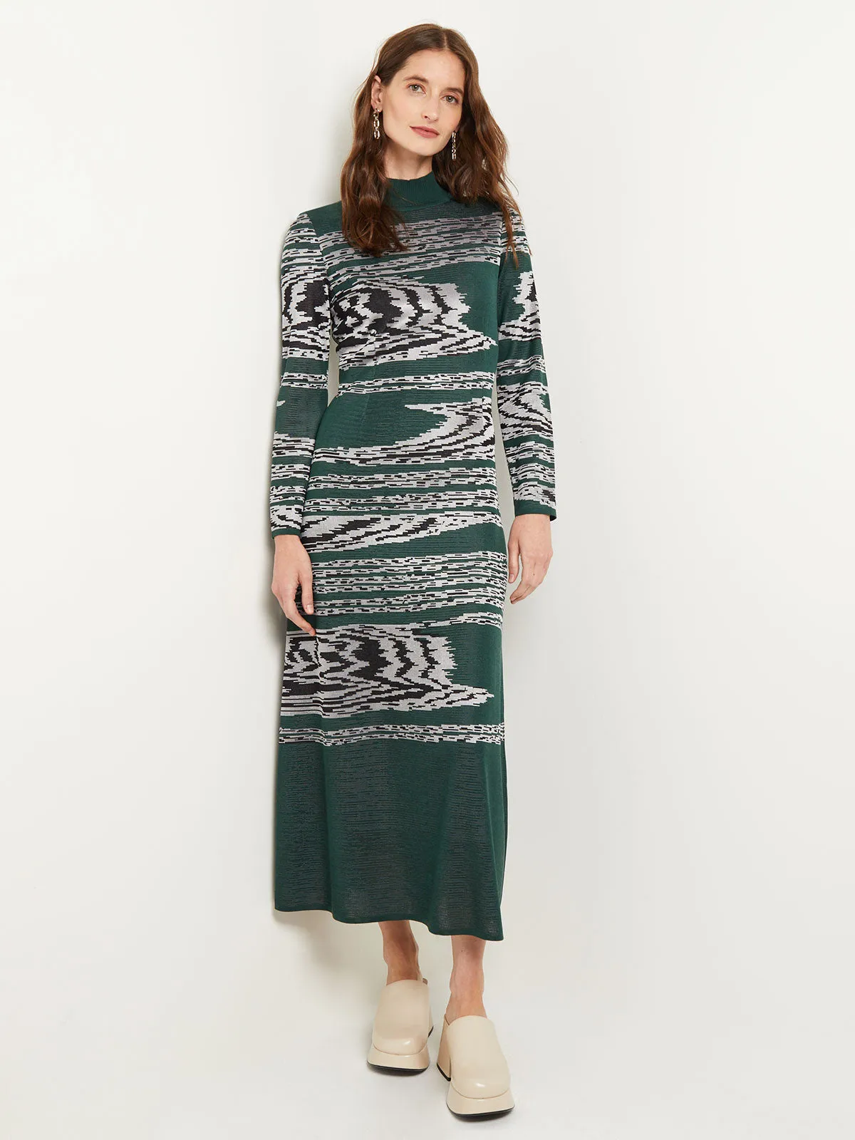 Mock Neck Jacquard Knit A-Line Maxi Dress