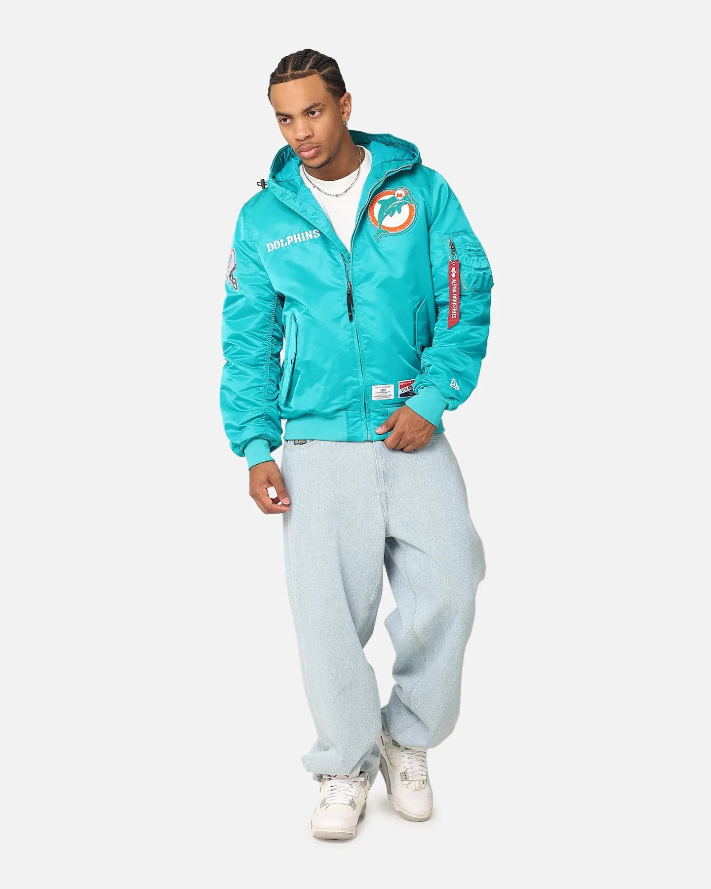 New Era Miami Dolphins Alpha Industries L-2B Hooded Bomber Jacket Turquoise