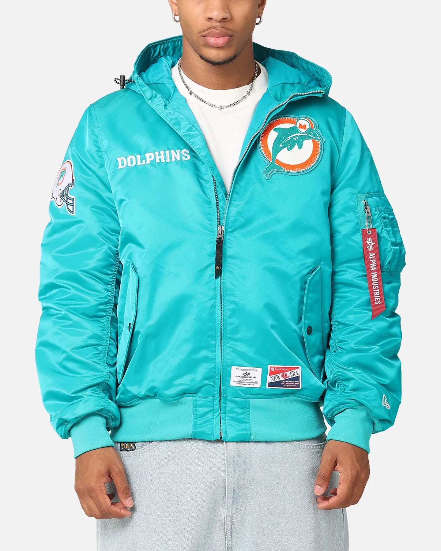 New Era Miami Dolphins Alpha Industries L-2B Hooded Bomber Jacket Turquoise