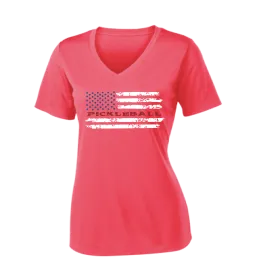 Pickleball Flag Horizontal (Customizable) | Women's Short Sleeve V-Neck Pickleball Shirts | 100% Polyester