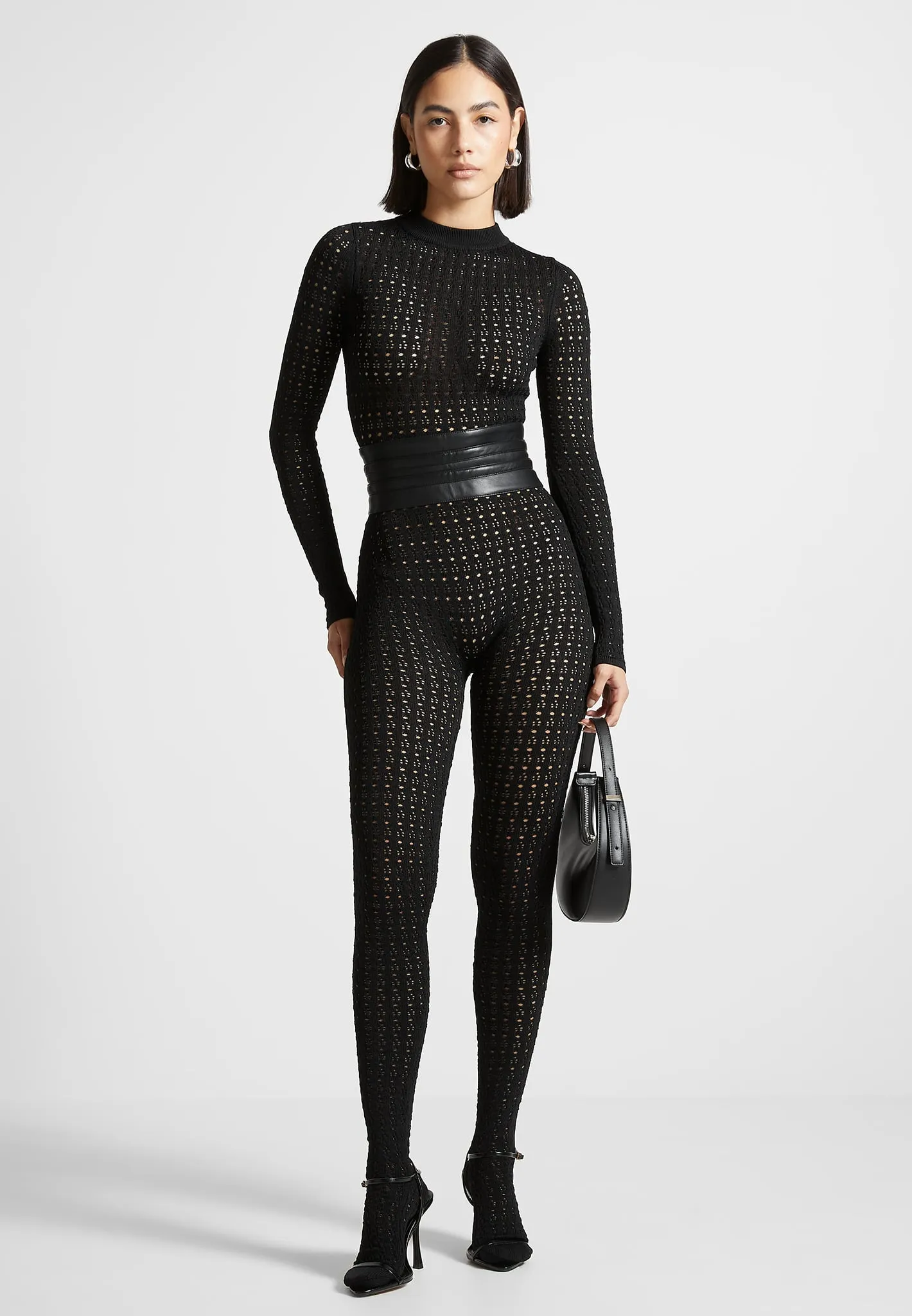 Pointelle Knit Long Sleeve Jumpsuit with Belt - Black