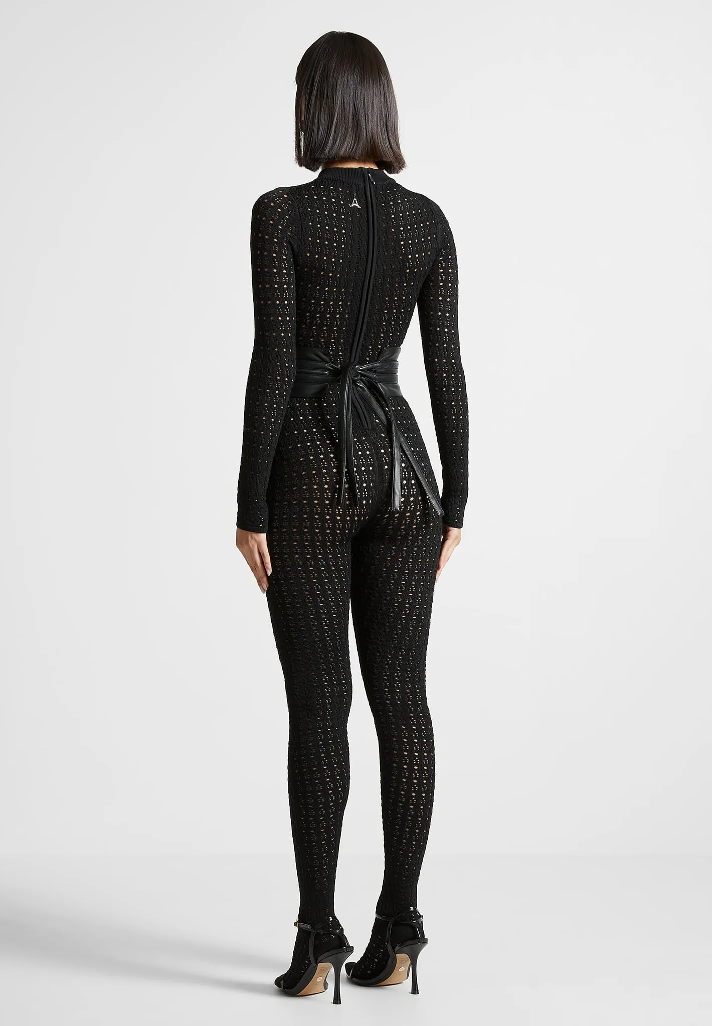 Pointelle Knit Long Sleeve Jumpsuit with Belt - Black