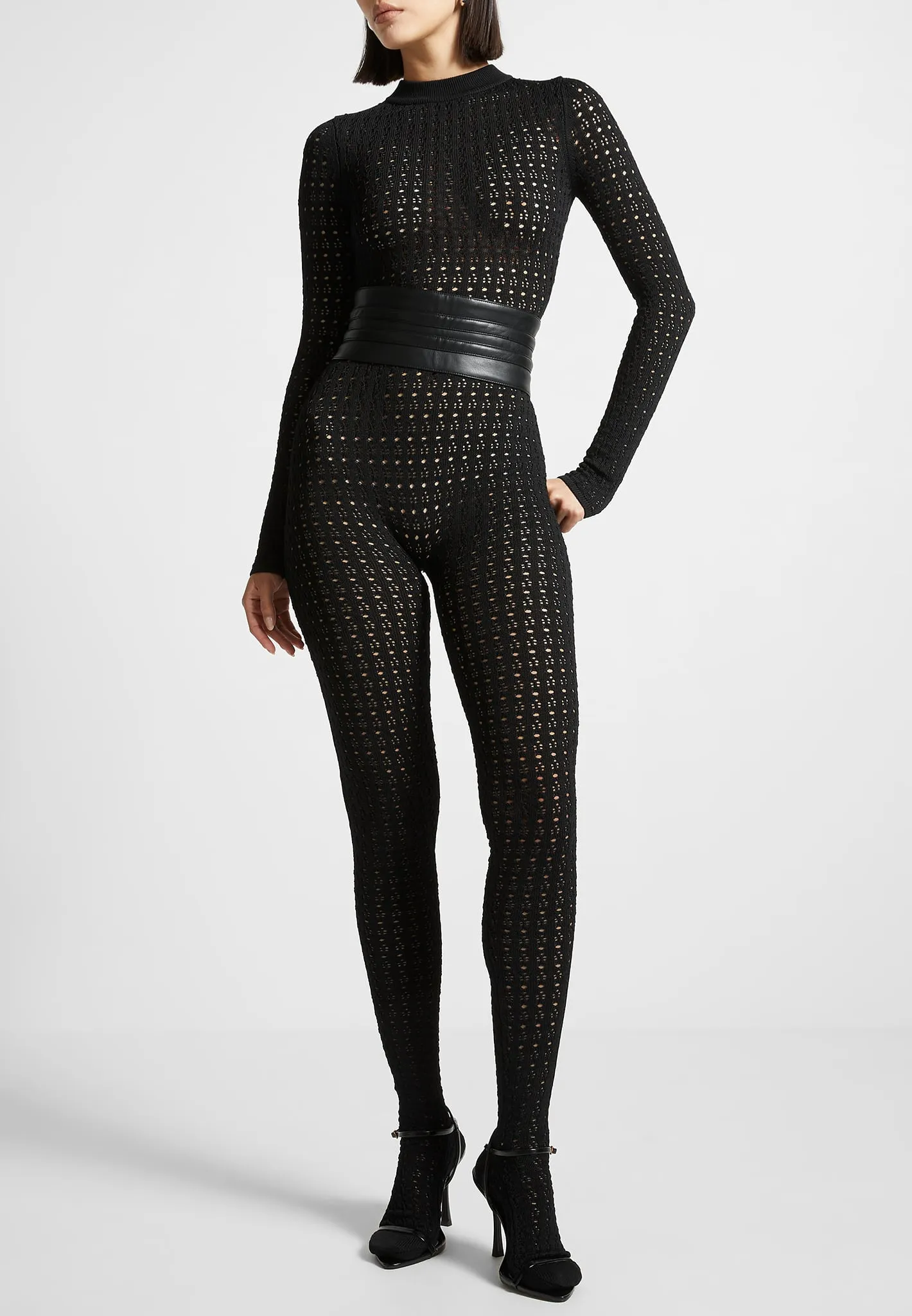 Pointelle Knit Long Sleeve Jumpsuit with Belt - Black