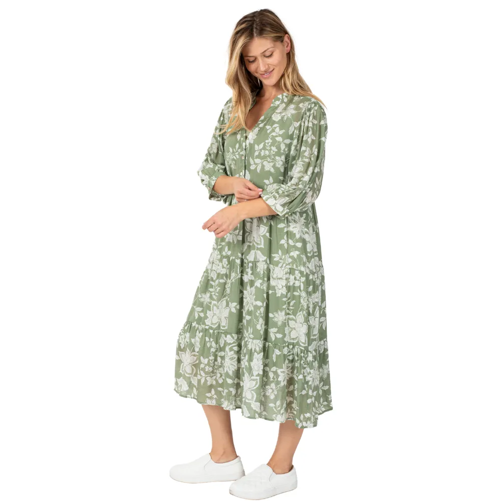 Sage Button Front Tiered Dress