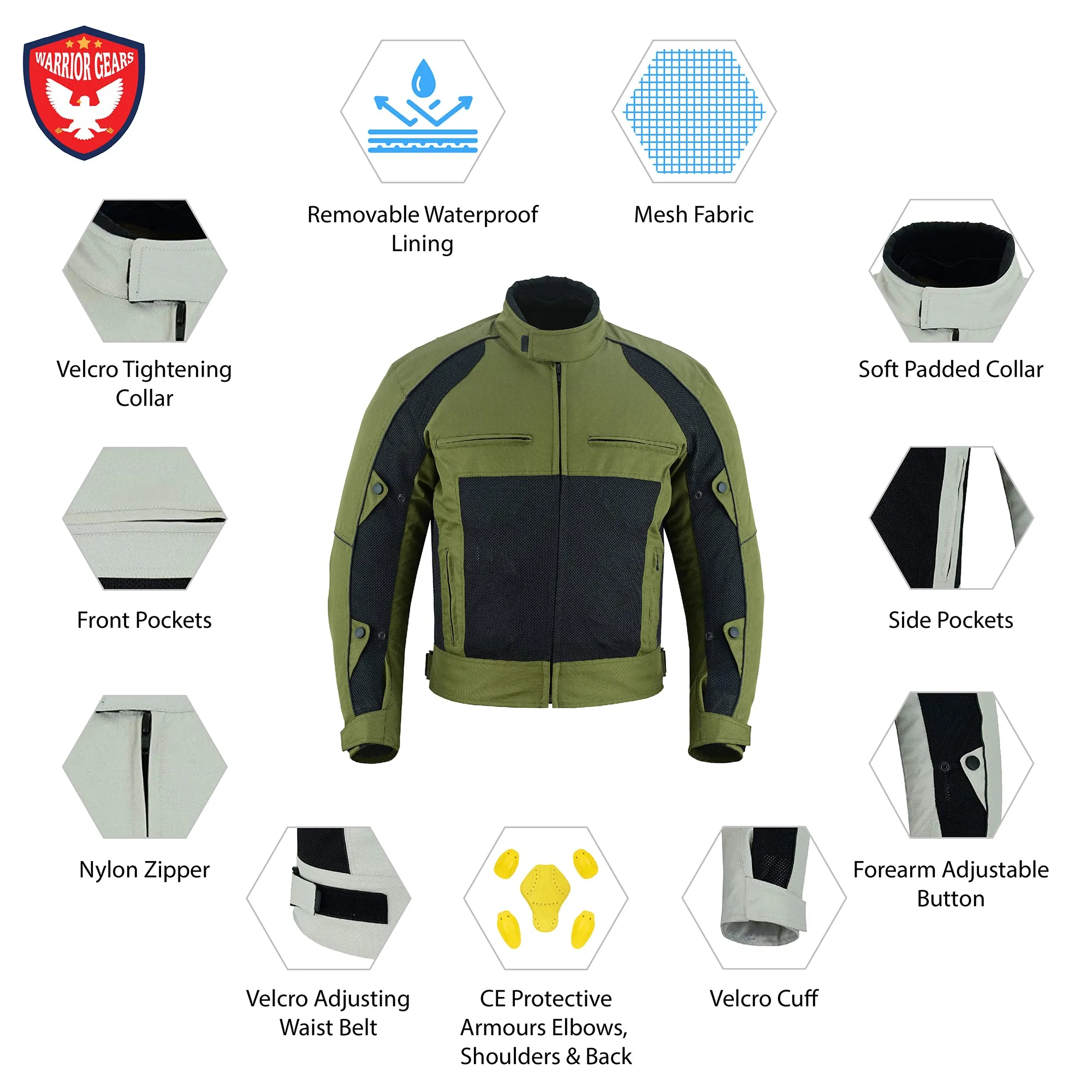 Warrior Gears® Air Mesh Motorbike Jackets for Men, Breathable Textile Motorbike Jacket with Removable Lining and CE Armours